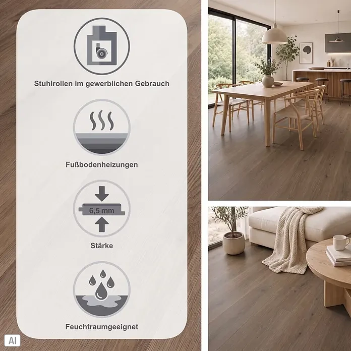 b!design Vinylboden Premium - Windsor, Landhausdiele, 1.524 x 228,6 x 6,5 mm - Brauner Holzoptik-Boden in einem modernen Zuhause, geeignet für Bürostuhlrollen, Fußbodenheizung, 6,5mm stark und feuchtraumgeeignet.