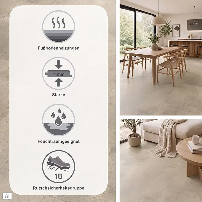 b!design Vinylboden SPC - Asti, Fliese, 609,6 x 304,8 x 4 mm - Hellbeige Betonoptik-Bodenfliesen, 4mm stark, für Fußbodenheizung & Feuchträume, Rutschsicherheitsgruppe 10.