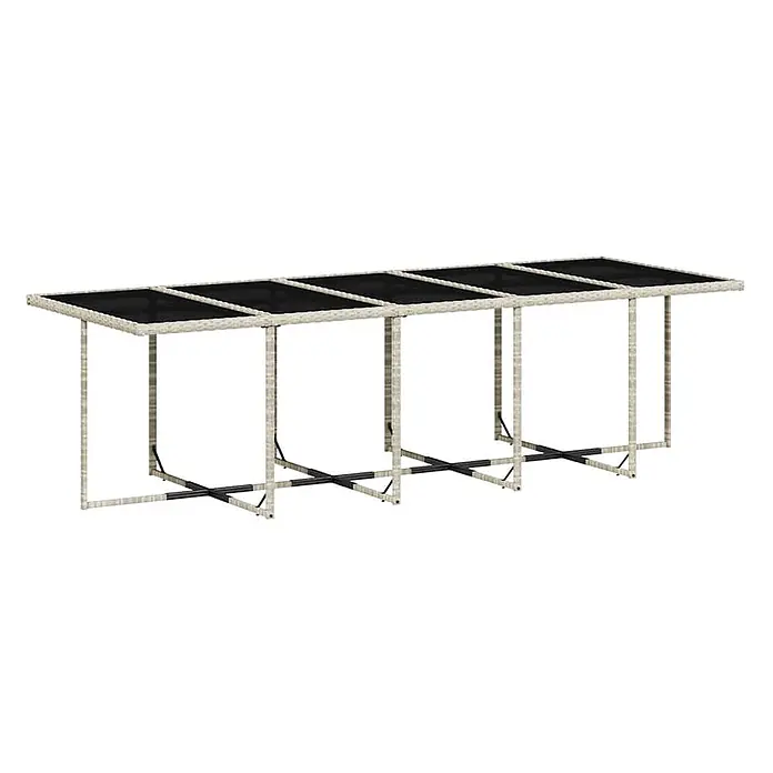 Maison exclusive gartenmöbel-set ilo kunststoff grau 11-teilig -  - Langer Outdoor-Esstisch mit hellem Rattan-Look-Gestell und schwarzer Tischplatte.