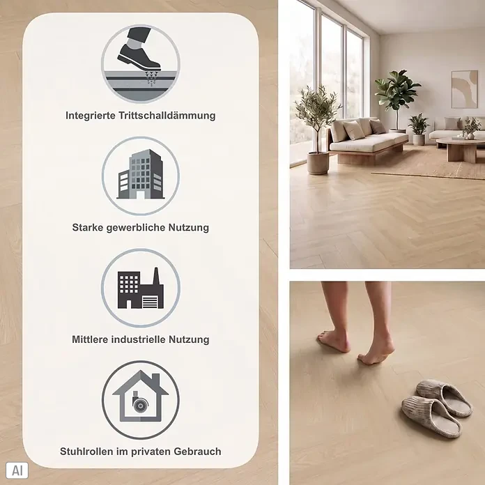 Gerflor Vinylboden Rigid Acoustic - Tulum Beige, Fischgrät, 750 x 125 x 6 mm - Helles Fischgrät-Boden in Holzoptik mit integrierter Trittschalldämmung, geeignet für gewerbliche, industrielle und private Nutzung mit Stuhlrollen.
