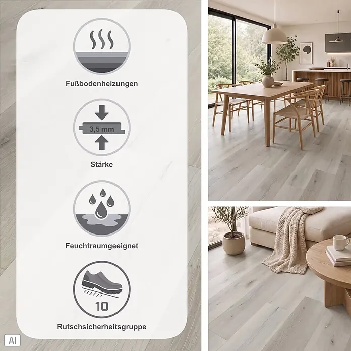 b!design Vinylboden SPC - Savannah Eiche, Landhausdiele, 1.220 x 181 x 3,5 mm - Hellgrauer Holzoptik-Boden, 3,5mm dick, feuchtraum- und fußbodenheizungsgeeignet, Rutschsicherheitsgruppe 10. In modernen Wohnräumen gezeigt.