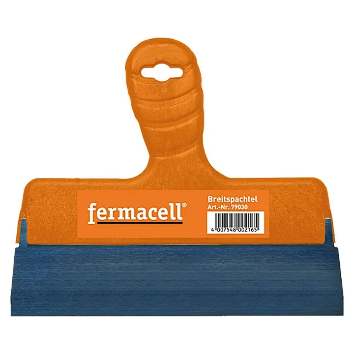 Fermacell Breitspachtel - Breite: 250 mm - Nahaufnahme eines Fermacell Breitspachtels mit orangefarbenem Griff und blauem Blatt, ideal zum Glätten von Oberflächen.