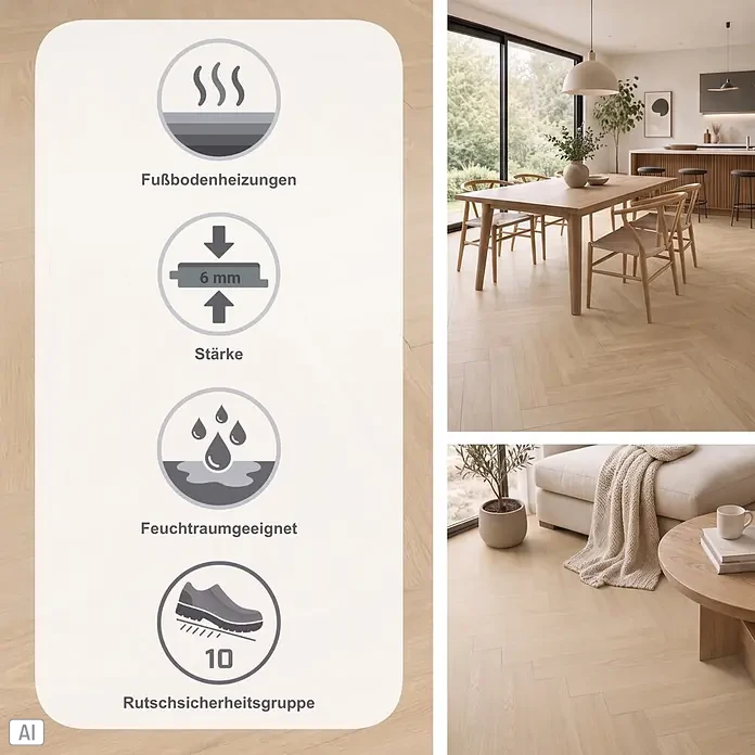 Gerflor Vinylboden Rigid Acoustic - Tulum Beige, Fischgrät, 750 x 125 x 6 mm - Helles Holzparkett im Fischgrätmuster in Ess- & Wohnzimmern. Merkmale: 6mm, Fußbodenheizung, feuchtraumgeeignet, Rutschsicherheitsgruppe 10.