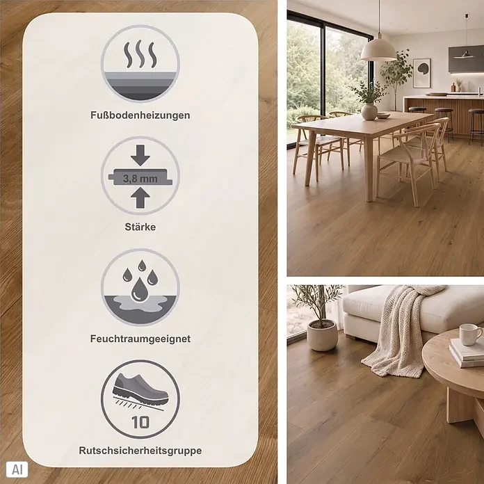 b!design Vinylboden SPC - Hudson Eiche, Landhausdiele, 1.220 x 181 x 3,8 mm - Heller Holzfußboden (3,8 mm), fußbodenheizungs- & feuchtraumgeeignet, Rutschsicherheitsgruppe 10. In modernem Zuhause abgebildet.