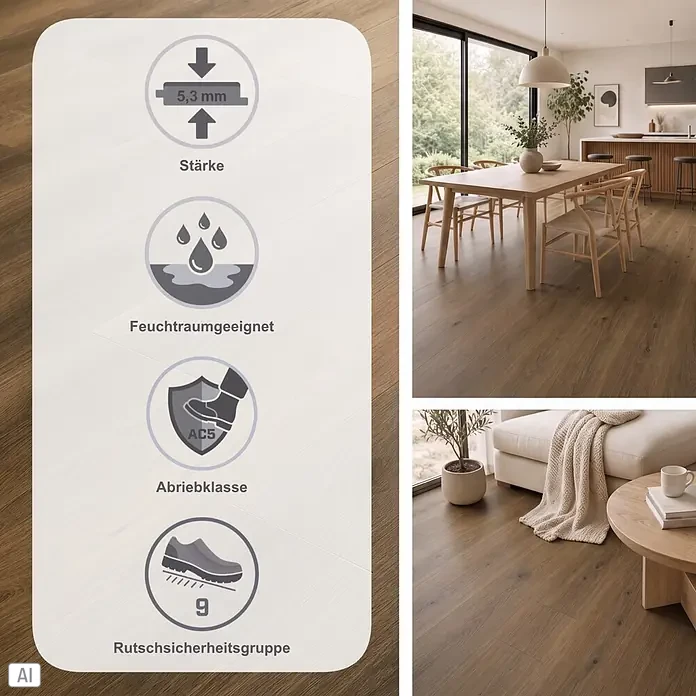 Vinylboden SPC Silent - Frisco Eiche, 1.220 x 229 x 5,3 mm, Landhausdiele - Mitteldunkler Holzboden in modernem Zuhause verlegt, mit 5,3 mm Stärke, feuchtraumgeeignet, Abriebklasse AC5 und Rutschsicherheitsgruppe 9.