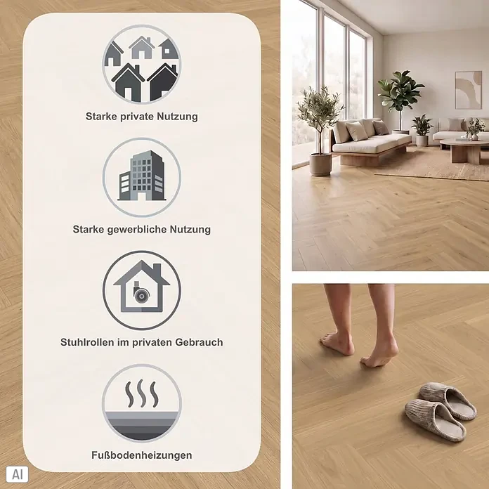 Parador Vinylboden Trendtime 3 - Eiche Oxford natur, Fischgrät, 730 x 146 x 5 mm - Heller Fischgrät-Holzboden, geeignet für starke private und gewerbliche Nutzung, Stuhlrollen und Fußbodenheizungen.