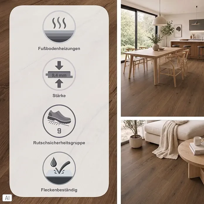 Parador Vinylboden Basic 30 - Eiche Cambridge geräuchert Gebürstete Struktur, Landhausdiele, 1.207 x 216 x 9,4 mm - Dunkelbrauner Laminatboden mit Piktogrammen für Fußbodenheizung, 9,4 mm Stärke, Rutschsicherheitsgruppe 9 und Fleckenbeständigkeit, in modernen Wohnräumen.