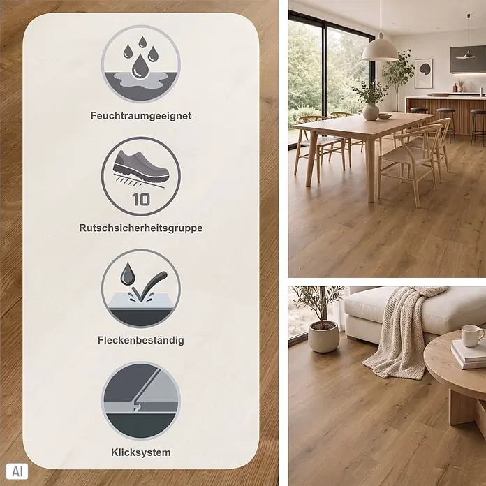 Fixed Vinylboden Plus - Eiche Rio, Landhausdiele, 1.530 x 235 x 3 mm - Hellbrauner Laminatboden in Holzoptik. Hauptmerkmale: wasserbeständig, rutschhemmend, schmutzabweisend und Klicksystem. In modernem Zuhause gezeigt.