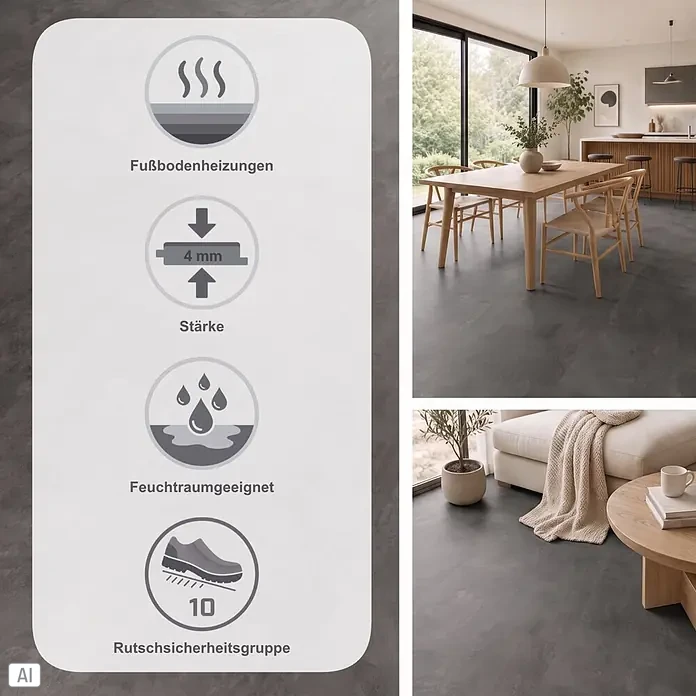 b!design Vinylboden SPC - Barolo, Fliese, 609,6 x 304,8 x 4 mm - Dunkelgrauer Bodenbelag mit Icons für Fußbodenheizung, 4mm Stärke, Feuchtraumeignung und Rutschsicherheitsgruppe 10, in modernen Räumen verlegt.