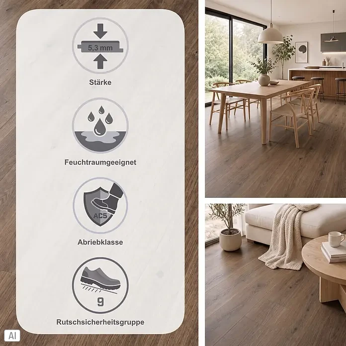 Vinylboden SPC Silent - Kinesawa Eiche, 1.220 x 229 x 5,3 mm, Landhausdiele - Produktbild zeigt braunen Holzboden mit Spezifikationen (5,3mm, feuchtraumgeeignet, Abriebklasse AC5, Rutschsicherheit R9) und zwei Wohnszenen.