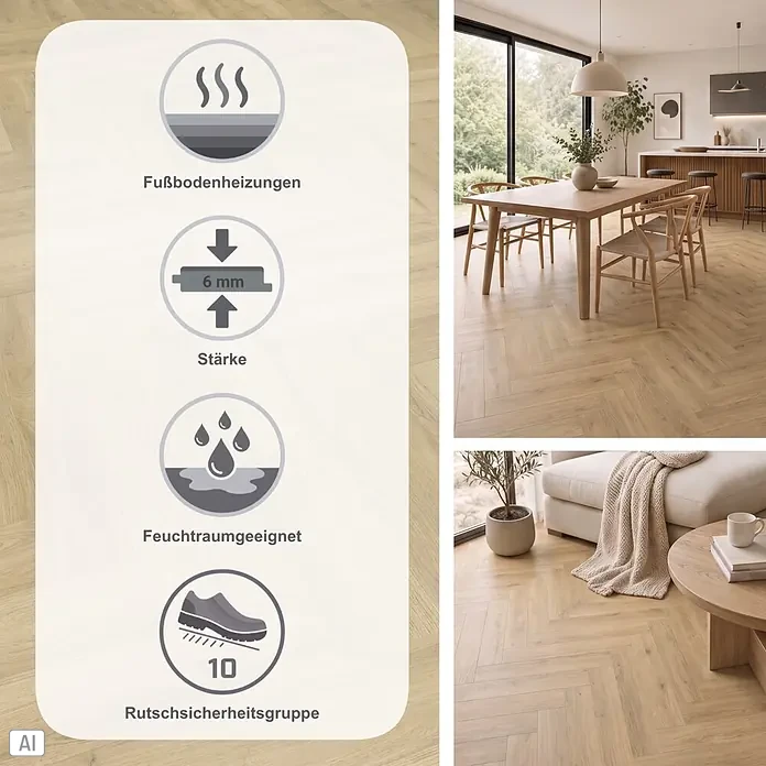 Gerflor Vinylboden Rigid Acoustic - Sola Nature, Fischgrät, 750 x 125 x 6 mm - Lichtes Holzparkett im Fischgrätmuster mit Feature-Icons (Fußbodenheizung, 6mm, feuchtraumgeeignet, rutschhemmend), in modernem Zuhause gezeigt.