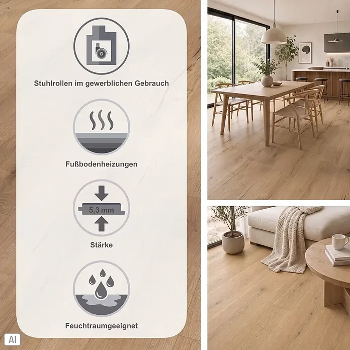 Parador Vinylboden Basic 5.3 - Eiche Cambridge natur, Landhausdiele, 1.209 x 225 x 5,3 mm - Heller Holzoptikboden, stuhlrollen-, fußbodenheizungs- und feuchtraumgeeignet, 5,3 mm stark.