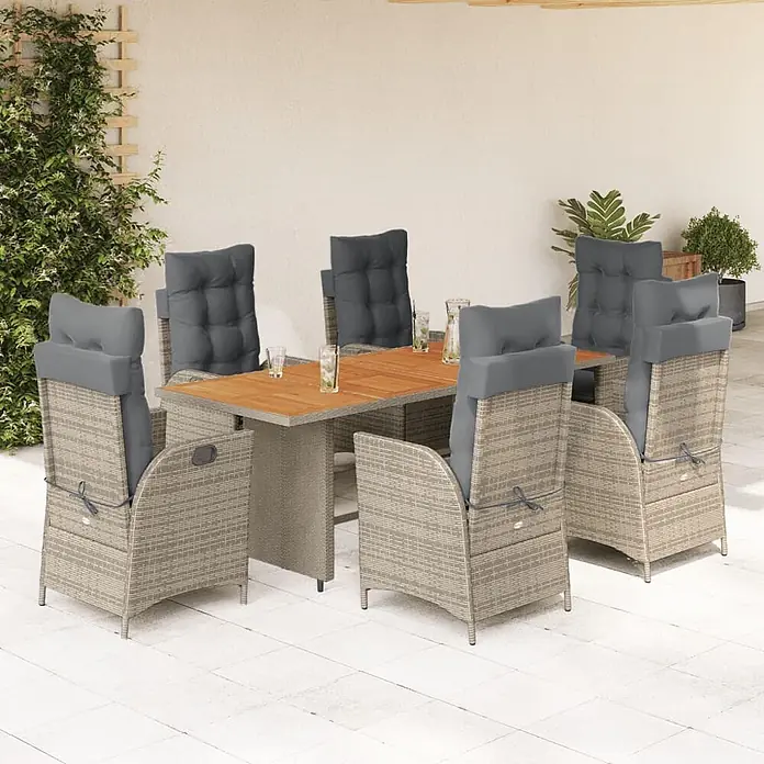 Maison exclusive gartenmöbel-set la palma kunststoff grau 7-teilig -  - Gartenessgruppe für 6 Personen mit grauen Rattanstühlen, dunkelgrauen Kissen und Holztischplatte.