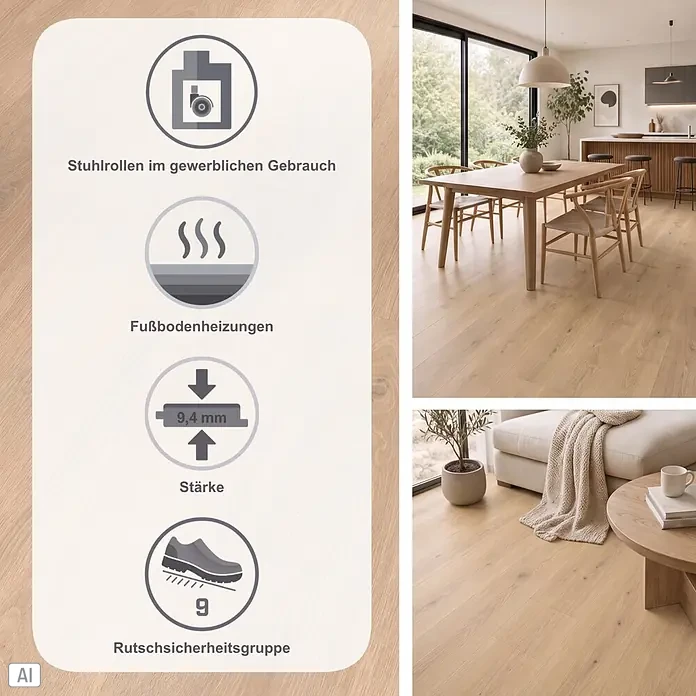 Parador Vinylboden Basic 30 - Eiche Studioline geschliffen, Landhausdiele, 1.207 x 216 x 9,4 mm - Helles Eichenparkett in modernem Ess- und Wohnzimmer. Merkmale: Stuhlrollen geeignet, Fußbodenheizung, 9,4mm Stärke, Rutschsicherheitsgruppe 9.