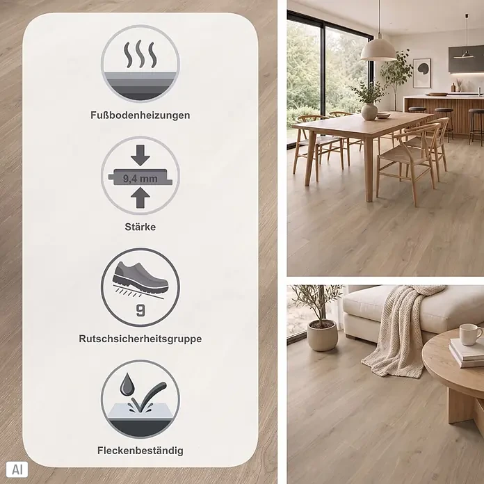 Parador Vinylboden Basic 30 - Eiche Regent grau Gebürstete Struktur, Landhausdiele, 1.207 x 216 x 9,4 mm - Heller Holzboden in einem modernen Zuhause mit einer Infografik zu Heizung, Stärke, Rutschfestigkeit und Fleckenbeständigkeit.