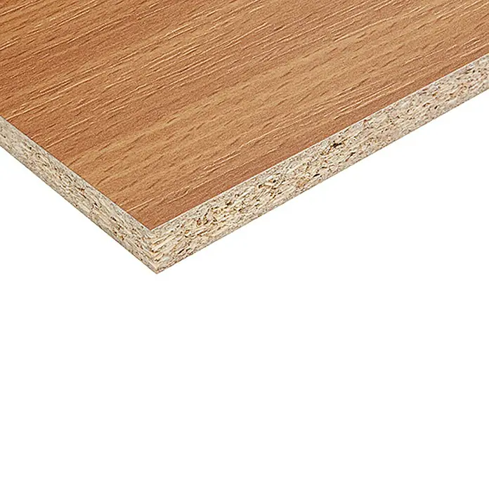 Spanplatte nach Maß - Stärke: 19 mm, L x B: 280 x 207 cm, Buche - Detailansicht einer Holzspanplatte mit einer feinen Holzmaserung, die für Möbel oder Innenausbau verwendet wird.