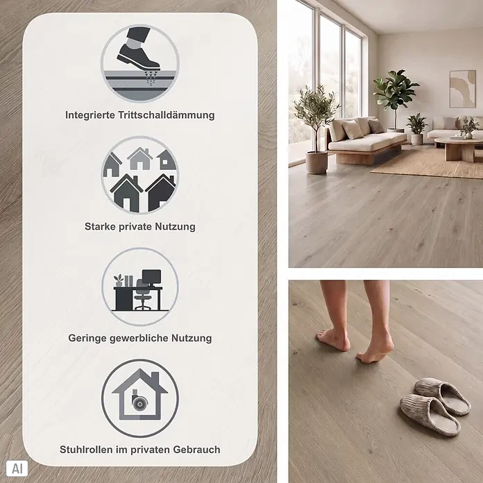 b!design Vinylboden SPC Silent - Hartford, Landhausdiele, 1.220 x 230 x 4,8 mm - Heller Holzboden-Look mit integrierter Trittschalldämmung, geeignet für starke private und geringe gewerbliche Nutzung sowie Stuhlrollen im privaten Bereich.