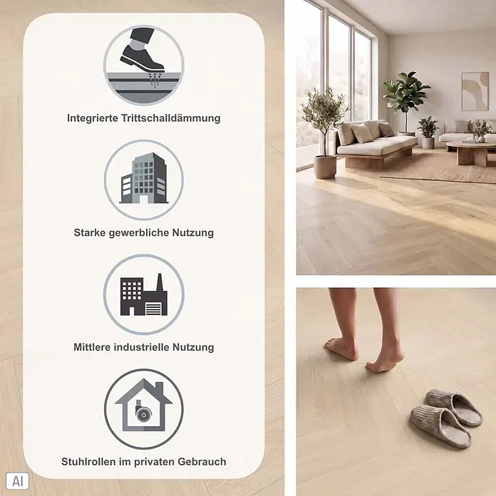 Gerflor Vinylboden Rigid Acoustic - Tulum Cream, Fischgrät, 750 x 125 x 6 mm - Helles Fischgrät-Boden in Holzoptik mit integrierter Trittschalldämmung, geeignet für gewerbliche, industrielle und private Nutzung mit Stuhlrollen.