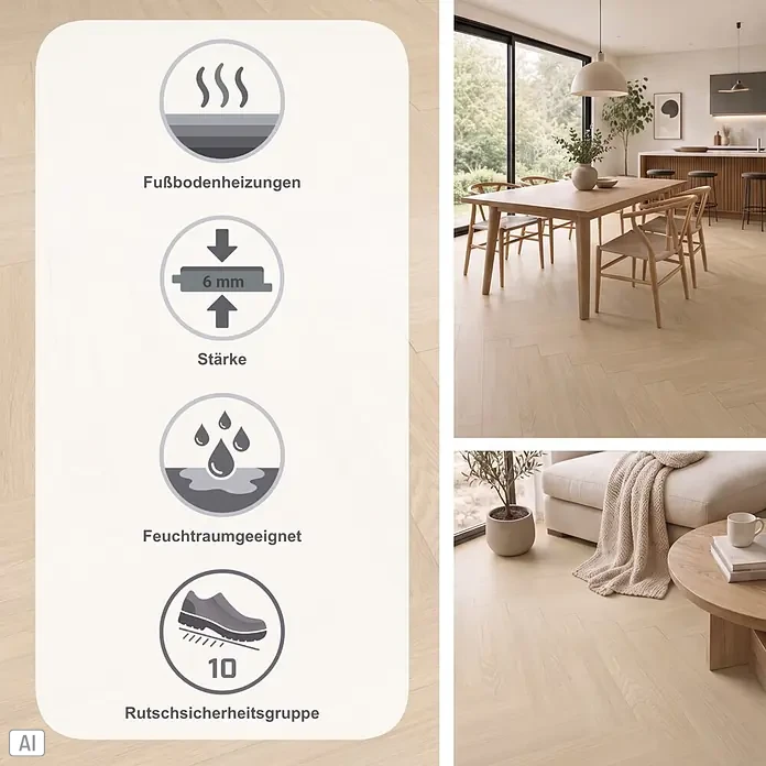 Gerflor Vinylboden Rigid Acoustic - Tulum Cream, Fischgrät, 750 x 125 x 6 mm - Helles Fischgrät-Bodenbelag in modernen Räumen, ergänzt durch ein Panel mit Produktdetails wie Stärke und Fußbodenheizungseignung.