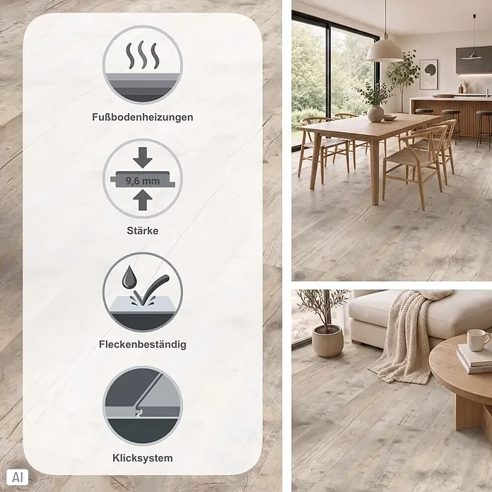 Parador Vinylboden Classic 2030 - Altholz geweißt Holzstruktur, Landhausdiele, 1.207 x 216 x 9,6 mm - Heller, rustikaler Laminatboden in modernem Zuhause, mit Symbolen für Fußbodenheizung, 9,6mm, Fleckenbeständigkeit und Klicksystem.