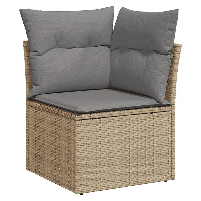 Maison exclusive gartenmöbel-set carnation holz beige 11-teilig -  - Eck-Gartensofa aus beigem Rattan mit dunkelgrauen Kissen.