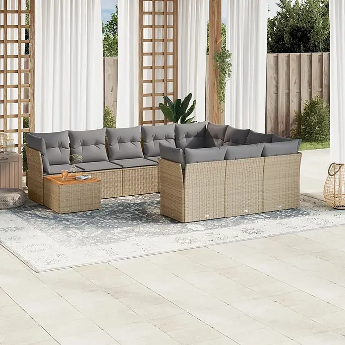 Maison exclusive gartenmöbel-set carnation holz beige 11-teilig -  - Beige Rattan Outdoor-Sitzgruppe mit grauen Kissen und integriertem Couchtisch für die Terrasse.