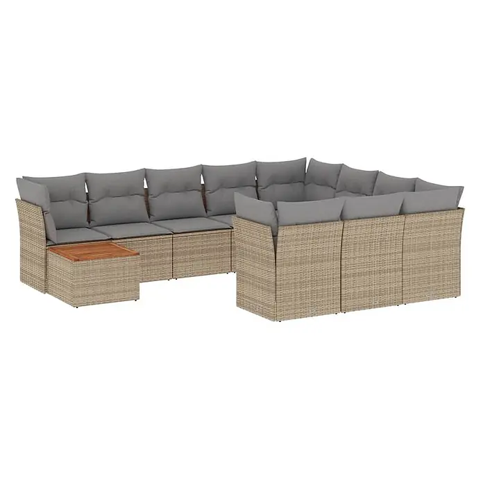 Maison exclusive gartenmöbel-set carnation holz beige 11-teilig -  - Beiges Polyrattan U-förmiges Gartensofa-Set mit grauen Kissen und Eckteil mit Holzplatte.