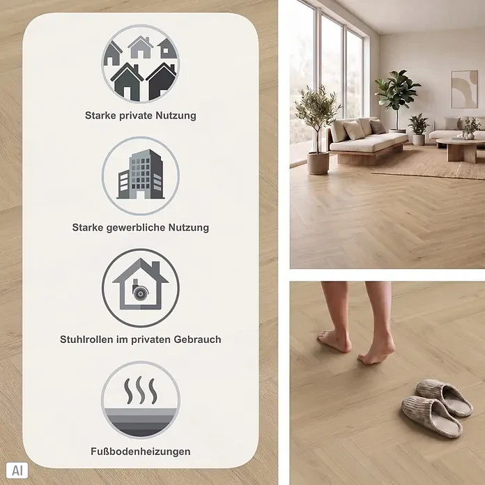 Parador Vinylboden Trendtime 3 - Eiche Regent beige, Fischgrät, 730 x 146 x 5 mm - Helles Holzparkett im Fischgrätmuster, geeignet für private und gewerbliche Nutzung, Stuhlrollen und Fußbodenheizungen.