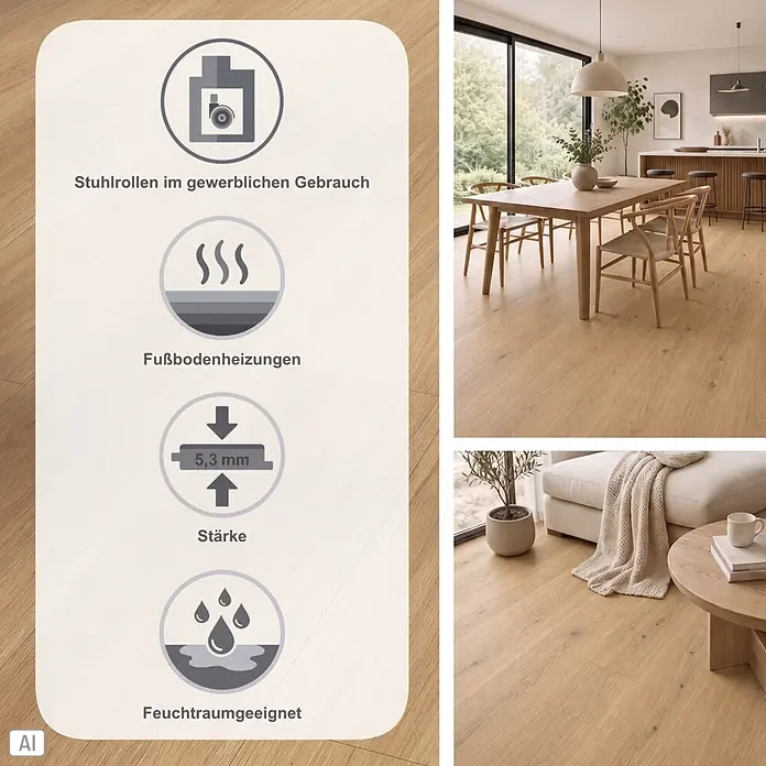 Parador Vinylboden Basic 5.3 - Eiche Oxford natur, Landhausdiele, 1.209 x 225 x 5,3 mm - Heller Holzboden mit Symbolen für Bürostuhlrollen, Fußbodenheizung, 5,3mm Stärke und Feuchträume. In Ess- und Wohnzimmer gezeigt.
