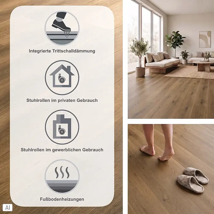 Vinylboden SPC Silent - Frisco Eiche, 1.220 x 229 x 5,3 mm, Landhausdiele - Warmbrauner Holzboden in einem Wohnzimmer, geeignet für Fußbodenheizung, Stuhlrollen und mit Trittschalldämmung.
