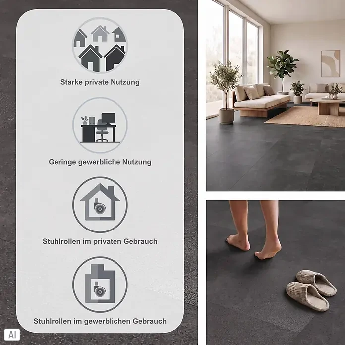 b!design Vinylboden Rigid SPC - Portofino, Fliese, 800 x 400 x 5 mm - Dunkelgrauer Bodenbelag für private und geringe gewerbliche Nutzung, stuhlrollengeeignet. Präsentiert in einem modernen Wohnraum.