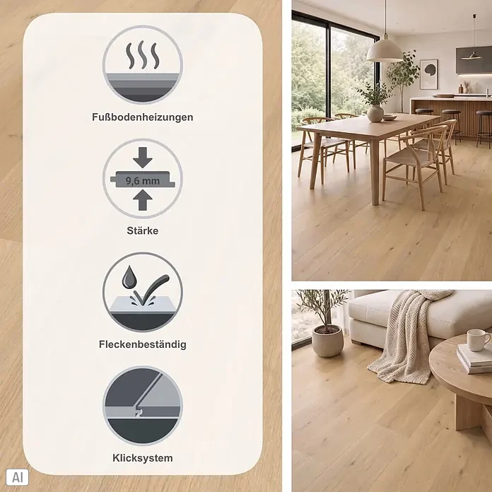 Parador Vinylboden Classic 2030 - Eiche Natural Mix hell Holzstruktur, Landhausdiele, 1.207 x 216 x 9,6 mm - Heller Holzfußboden in modernen Räumen, Merkmale: 9,6 mm Stärke, Fußbodenheizung geeignet, fleckenbeständig, Klicksystem.