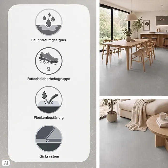 b!design Vinylboden SPC - Chiasso, Fliese, 800 x 400 x 5 mm - Hellgrauer Betonoptik-Boden mit Symbolen: feuchtraumgeeignet, Rutschklasse 9, fleckenbeständig, Klicksystem. In modernen Räumen.