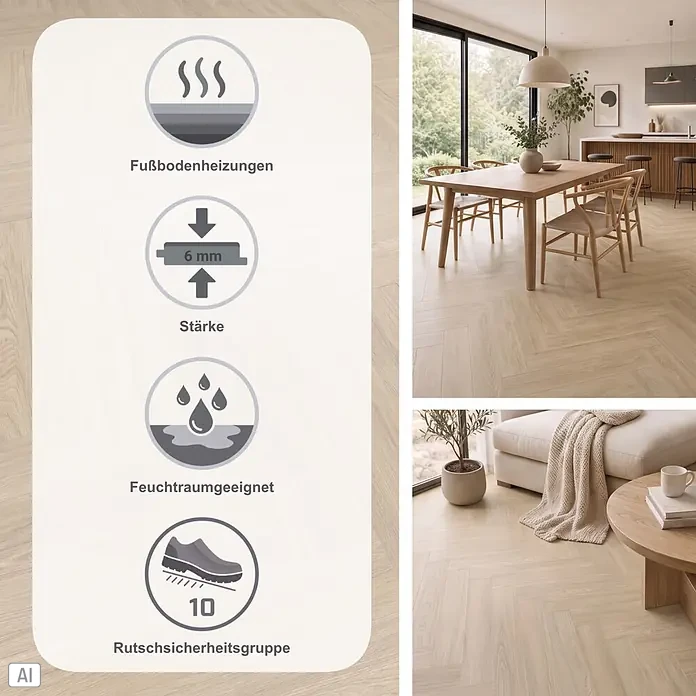 Gerflor Vinylboden Rigid Acoustic - Tulum Light, Fischgrät, 750 x 125 x 6 mm - Heller Fischgrätboden in Holzoptik, geeignet für Fußbodenheizung und Feuchträume, 6mm stark, Rutschsicherheitsgruppe 10. Abgebildet in modernen Innenräumen.