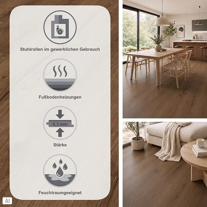 Parador Vinylboden Basic 5.3 - Eiche Cambridge geräuchert, Landhausdiele, 1.209 x 225 x 5,3 mm - Braune Holzdielen mit Eigenschaften wie Stuhlrolleneignung für Gewerbe, Fußbodenheizung, 5,3 mm Stärke und Feuchtraumeignung.