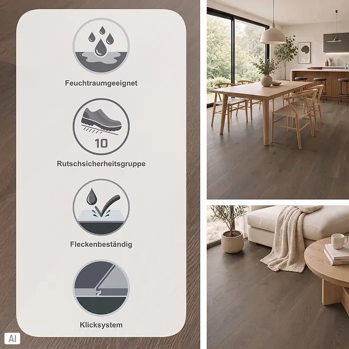 Fixed Vinylboden Plus - Brasilia, Landhausdiele, 1.530 x 235 x 3 mm - Dunkelbrauner Holzboden mit Feuchtigkeits-, Rutsch- und Fleckenbeständigkeit sowie Klicksystem. Gezeigt in einem modernen Zuhause.