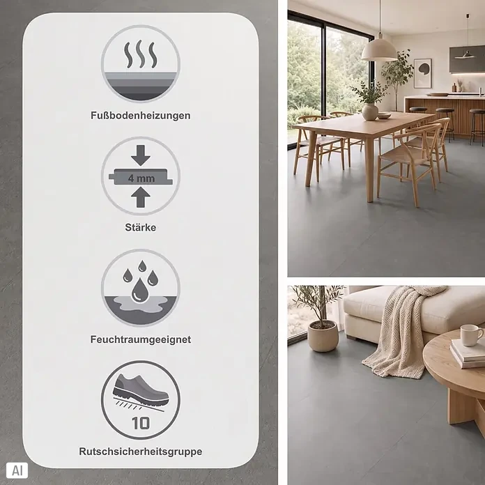 b!design Vinylboden SPC - Siena, Fliese, 609,6 x 304,8 x 4 mm - Graue Bodenfliesen in moderner Umgebung. Infografik: Fußbodenheizung, 4mm Stärke, feuchtraumgeeignet, Rutschsicherheitsgruppe R10.