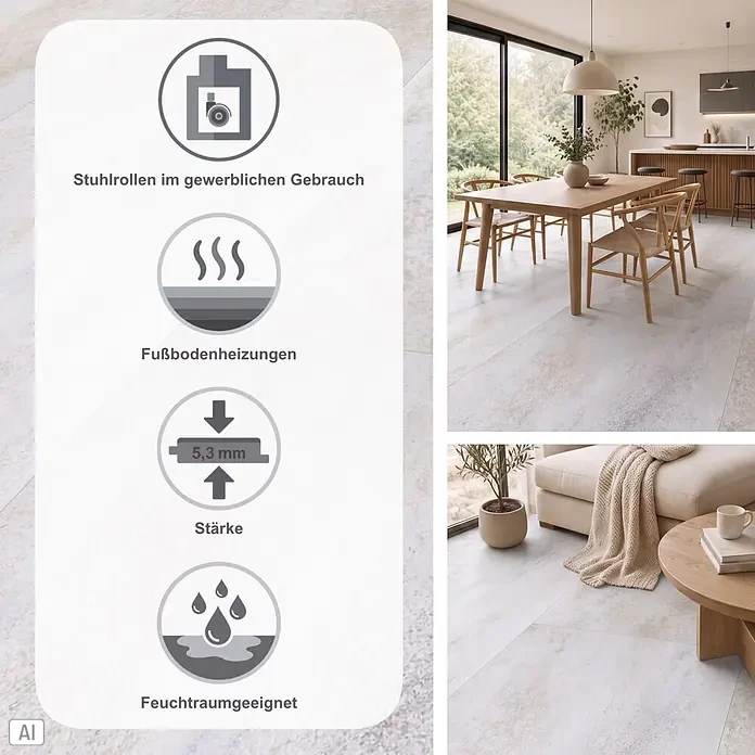 Parador Vinylboden Basic 5.3 - Dolomit weiß, Fliese, 914 x 457 x 5,3 mm - Heller Bodenbelag in modernem Zuhause, mit Symbolen für gewerbliche Nutzung, Fußbodenheizung, 5,3 mm Stärke und Feuchtraumeignung.