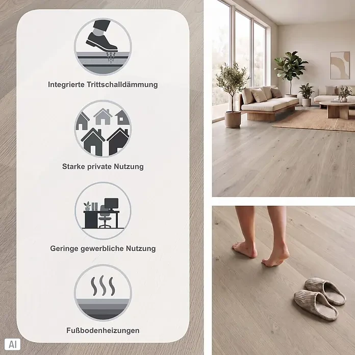 b!design Vinylboden SPC - Eiche Brunni, Landhausdiele, 1.220 x 182 x 4,3 mm - Heller Holz-Bodenbelag in modernem Wohnraum, mit Symbolen für Trittschalldämmung, starke private & leichte gewerbliche Nutzung und Fußbodenheizungen.