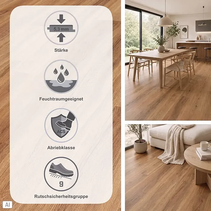 Vinylboden SPC Silent - Jersey Eiche, 1.220 x 229 x 5,3 mm, Landhausdiele - Holzoptik-Bodenbelag, 5,3mm stark, feuchtraumgeeignet. AC5 Abriebklasse und Rutschsicherheitsgruppe 9.
