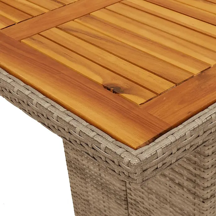 Maison exclusive gartenmöbel-set la palma kunststoff beige 7-teilig -  - Nahaufnahme eines Tisches mit heller Holzplatte und grauem Korbsockel.
