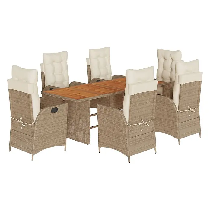 Maison exclusive gartenmöbel-set la palma kunststoff beige 7-teilig -  - Rattan-Gartenset mit Holztisch und sechs Stühlen mit cremefarbenen Kissen.