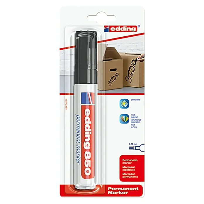 Edding Permanentmarker 850 - Strichstärke: 5 mm - 16 mm, Schwarz - Bild eines Edding 850 Permanentmarkers in der Verpackung, ideal für dauerhafte Beschriftungen auf verschiedenen Oberflächen.