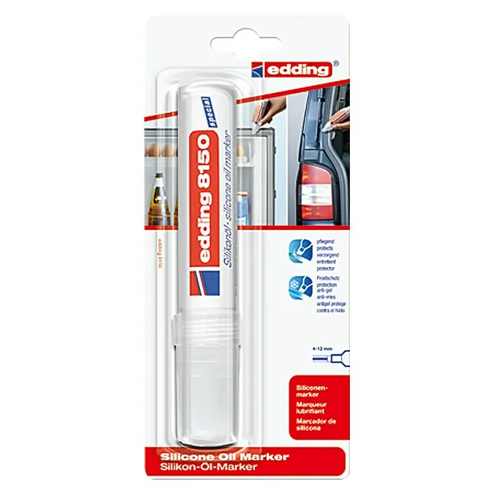 Edding Permanentmarker Silikon-Öl 8150 - Geeignet für: Silikon - Abbildung eines Edding 8150 Silikonöl-Markers in der Originalverpackung.