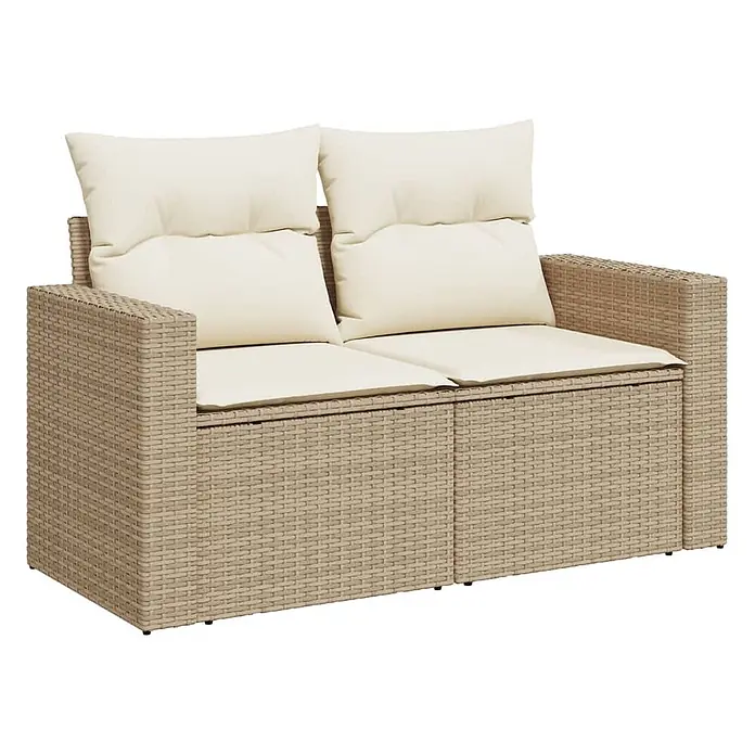 Maison exclusive gartenmöbel-set celira holz beige 10-teilig -  - Zweisitziges beiges Rattan-Gartensofa mit cremefarbenen Kissen.