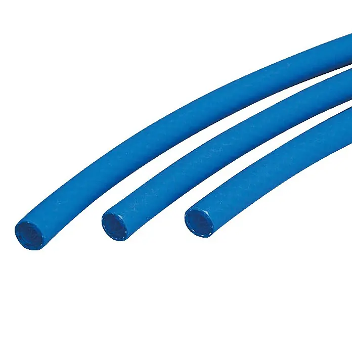 Druckluftschlauch Meterware - 9 mm - Drei blaue Schläuche unterschiedlicher Größe, die sich auf einem weißen Hintergrund krümmen. Ideal für Flüssigkeitstransport in verschiedenen Anwendungen.