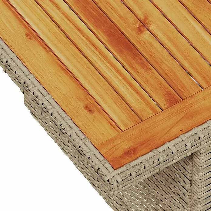 Maison exclusive gartenmöbel-set isolda holz beige 9-teilig -  - Nahaufnahme eines rechteckigen Tisches mit heller Holzlattenplatte und beigefarbenem Rattanrahmen.