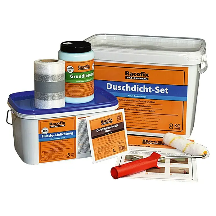 Racofix Duschdicht-Set - 7 -tlg. - Racofix Duschdicht-Set: Ein umfassendes Set für die Abdichtung von Duschen und Bädern, inklusive Flüssigabdichtung, Grundierung und Dichtmanschette.