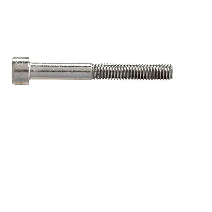 Profi Depot Innensechskantschraube A2Ø x L: 6 x 20 mm, 100 Stk., Edelstahl - Nahaufnahme einer silbernen Zylinderschraube mit Gewinde, die auf einem weißen Hintergrund liegt und die Details und das Design hervorhebt.