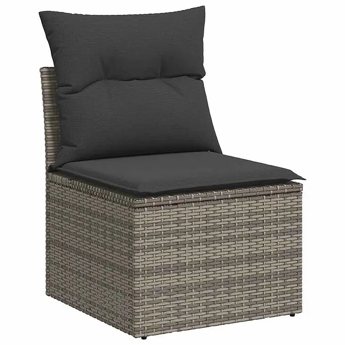 Maison exclusive gartenmöbel-set donald wayne holz grau 10-teilig -  - Grauer modularer Outdoor-Sessel aus Polyrattan mit dunkelgrauen Sitz- und Rückenkissen.